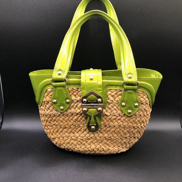 Michael Kors Straw and Green Leather Tote Bag w/Gold Color Hardware Excellent - Picture 1 of 15
